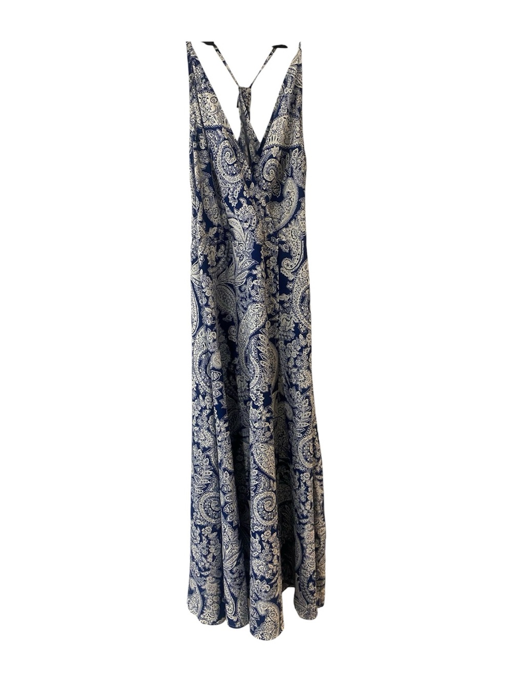 Blue Paisley V-Neck Maxi Dress with Tie Back